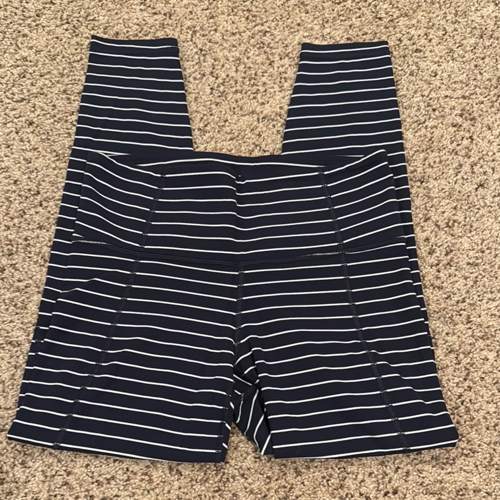 Athleta Salutation Navy and White Striped Leggings